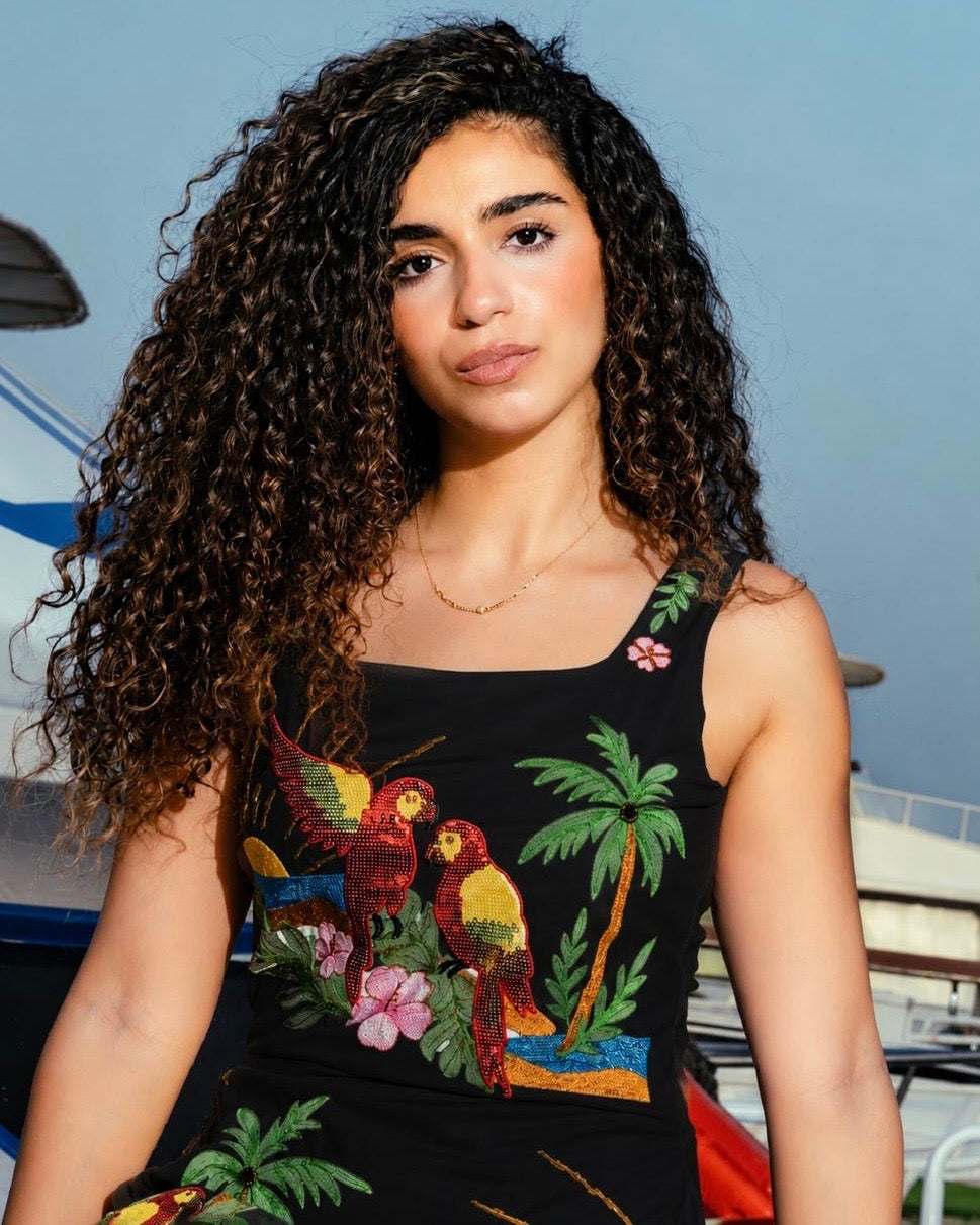 Hawaiian Black Embroidered Swimdress